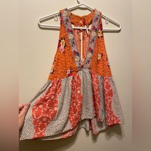 Free people orange and gray floral print peplum tank top halter size S